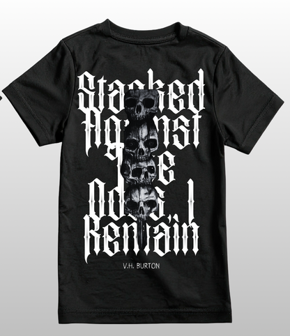 Black t-shirt with white text and skull design on a gray background