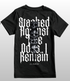 Black t-shirt with white text and skull design on a gray background